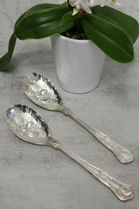 Vintage Ornate Silver Plated Salad Fork & Spoon Serving Set 9" Made In Italy
